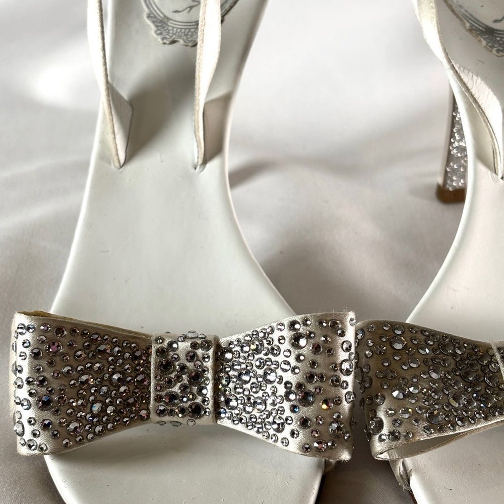 Rene Caovilla Crystal Bow Satin White Heels Bridal Evening Sandals - Picture 3 of 12